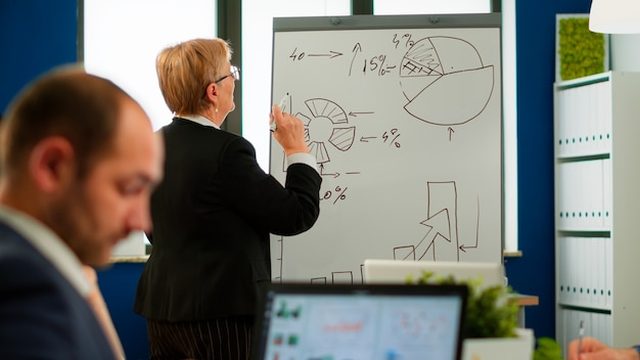Fluxograma desenhado em uma lousa com setas ligando sistemas de uma empresa